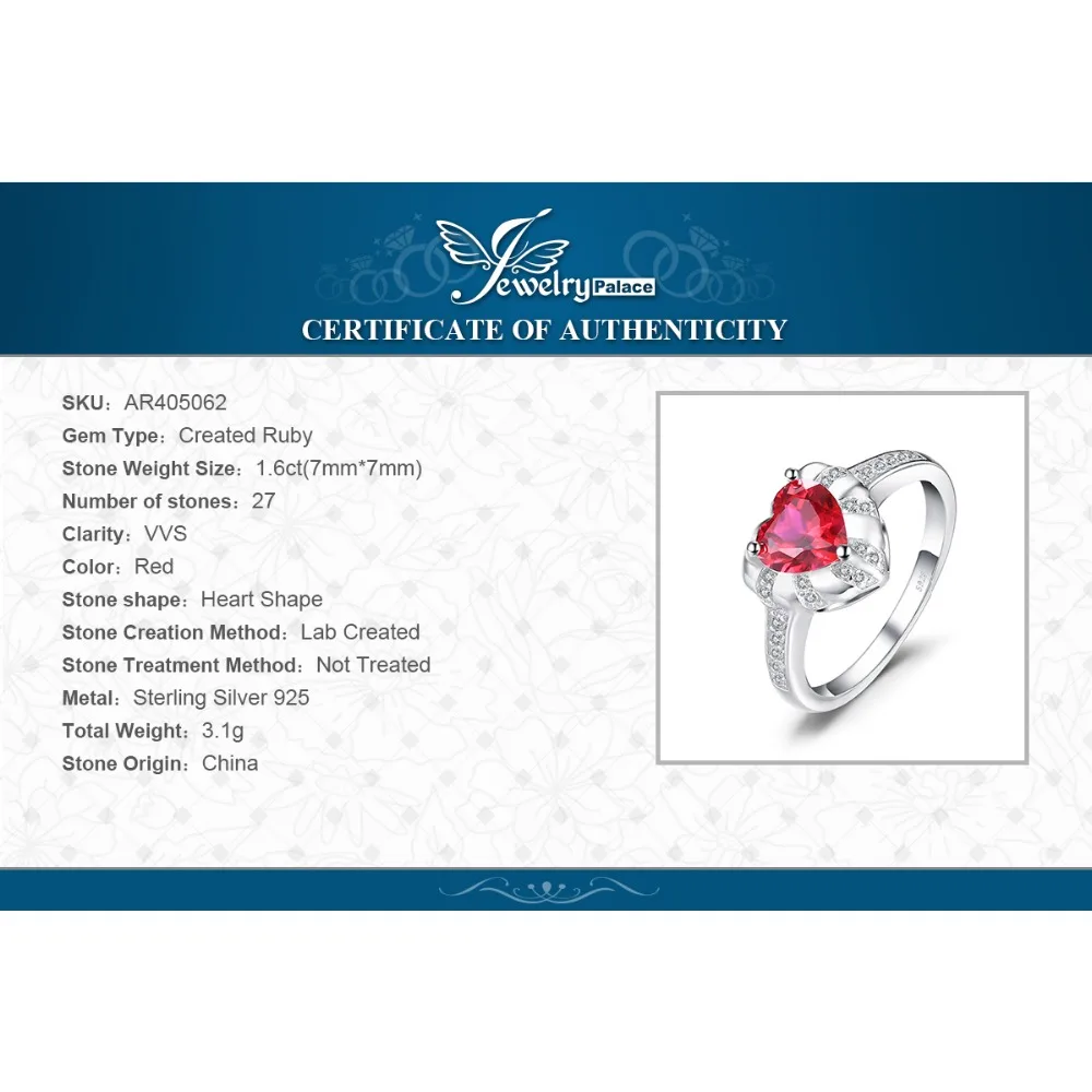JewelryPalace сердце любовь 1.86ct создан Красные Рубины Обручение кольца для Для женщин