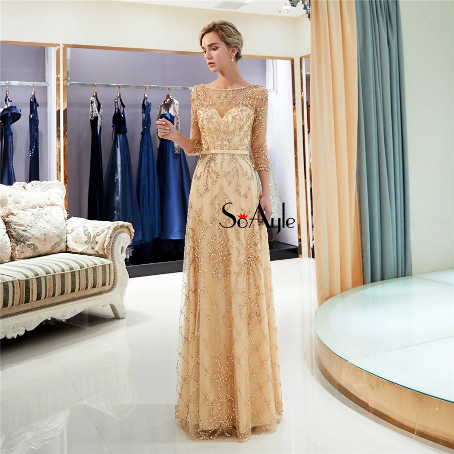 

SoAyle A-Line Beaded 2019 Evening Dresses Crystals Three Quarter Sleeves Prom Dresses Custom Made Luxury Vestidos De Festa