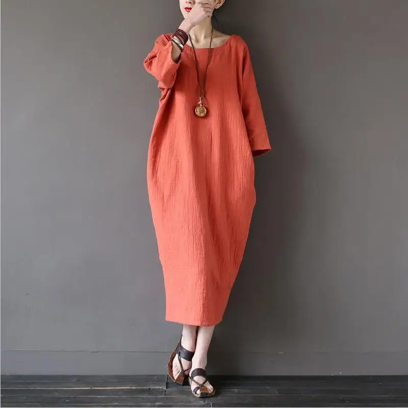 Женское свободное платье из хлопка и льна длинное винтажное большого размера с