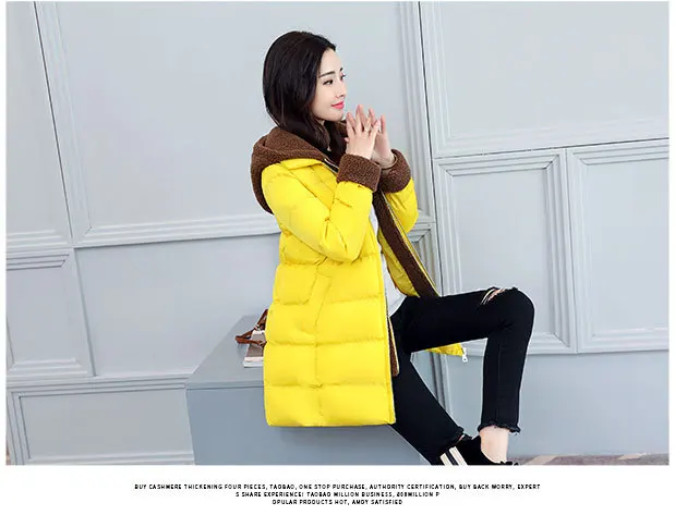 Теплая зимняя желтая парка, куртка, пальто для женщин, с добавлением бархата, овечья шерсть, с капюшоном, пальто, тонкий хлопок, ватная хлопковая верхняя одежда размера плюс