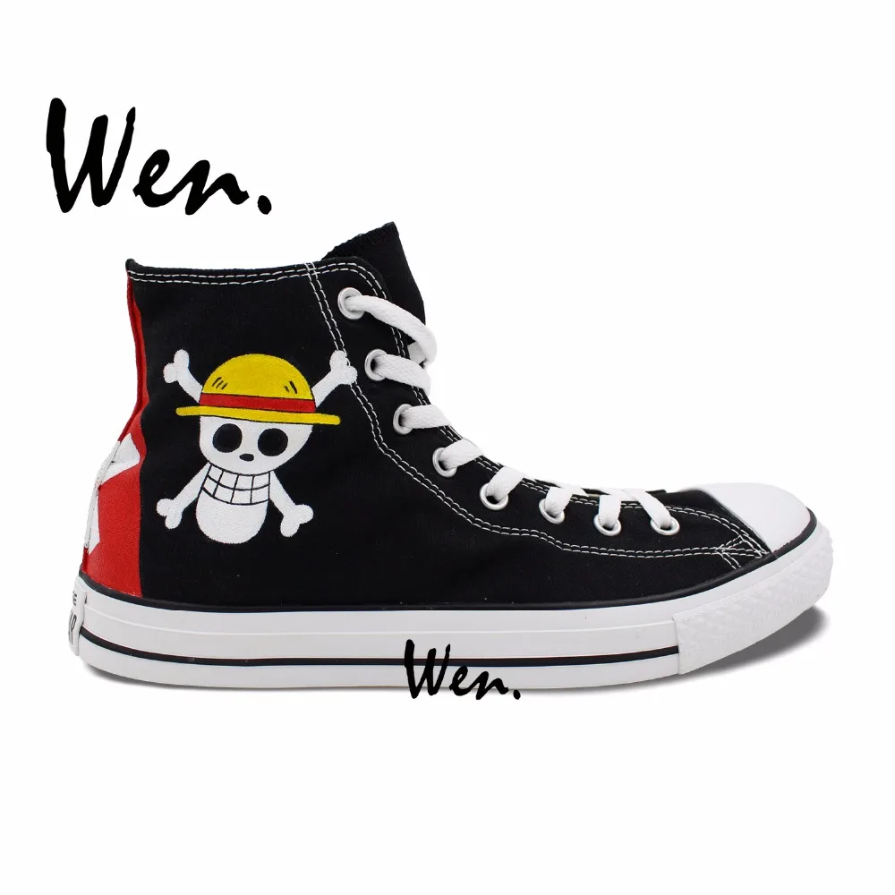 

Wen Hand Painted Shoes Anime Design Custom Sneakers One Piece Luffy Jolly Roger Black High Top Canvas Sneakers for Men Women