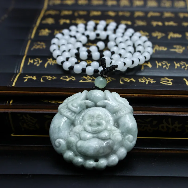Натуральный карго jadeite двусторонний Смеющийся Будда Shuanglong леди Jades кулон