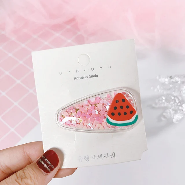 Watermelon Новинка; Милые цветные прозрачные заколки с блестками и фруктами для девочек; детские заколки для волос; повязка на голову; заколки; головные уборы; Детские аксессуары для волос - Цвет: Watermelon