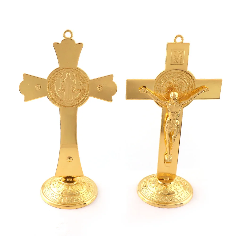 Золотая распятие статуя Иисуса Христа Статуэтка INRI Jesu крест с базой