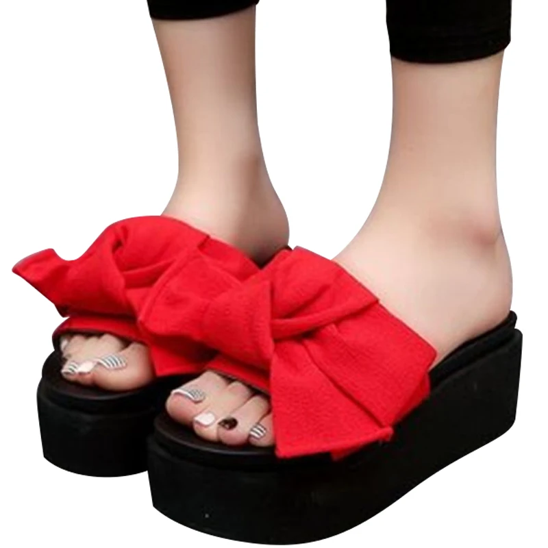 Новые летние сандалии Женская обувь на платформе Шлепанцы с лентами Уличные