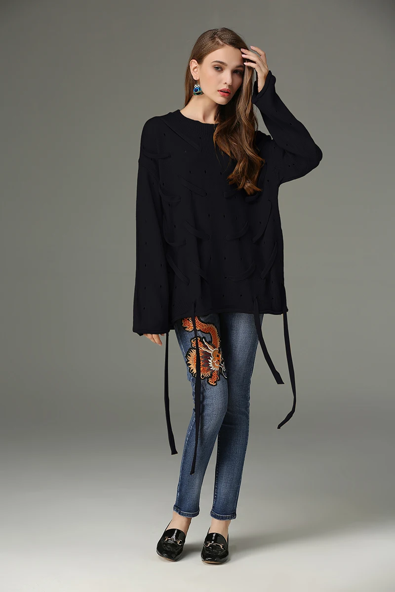 DALMAZZO 2018 Newest Autumn Women Office Lady Runway Holes Loose Sweaters Thick Wool Knitted Pullovers Flare Long Sleeve Sweater | Женская
