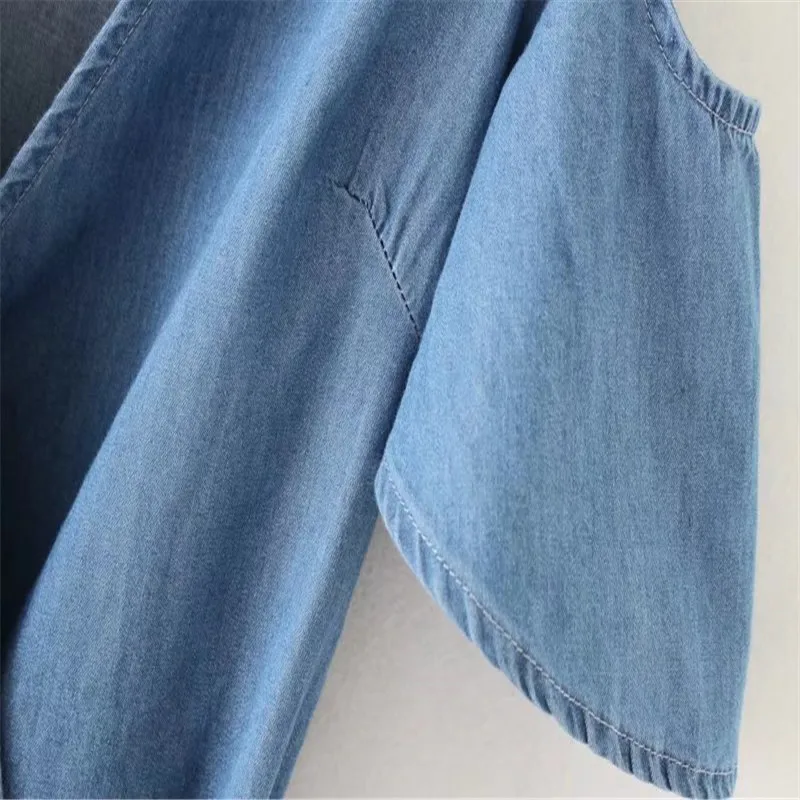 

New Cut Shoulder With Belt Denim Dress Women Nice Summer Fashion Short Sleeve V-neck Dresses Woman Casual Dresses Female Ladies