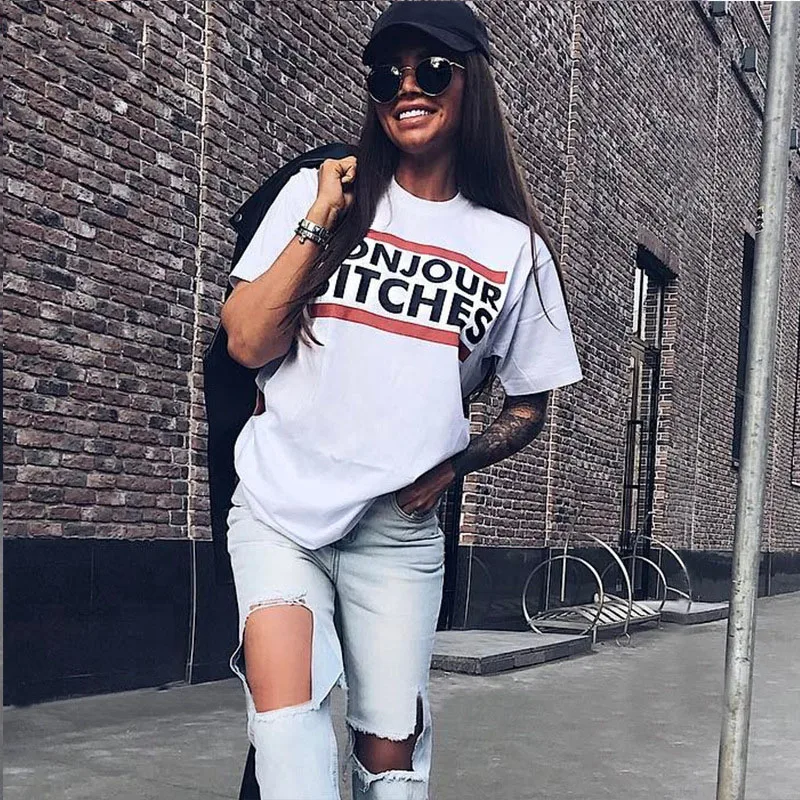 Новинка Женская Классическая футболка с принтом hello bitches коротким рукавом