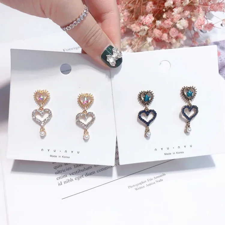 MENGJIQIAO 2018 Новая мода двойные стразы в форме сердца любовь капля Pendientes Mujer Moda
