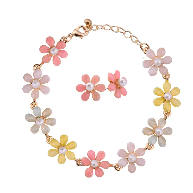 Bohemia Style Jewelry Set Colorful Crystal Flower Pendant Gold Color Chain Bracelet&Earrings For Women|bracelet butterfly|bracelet kittybracelet