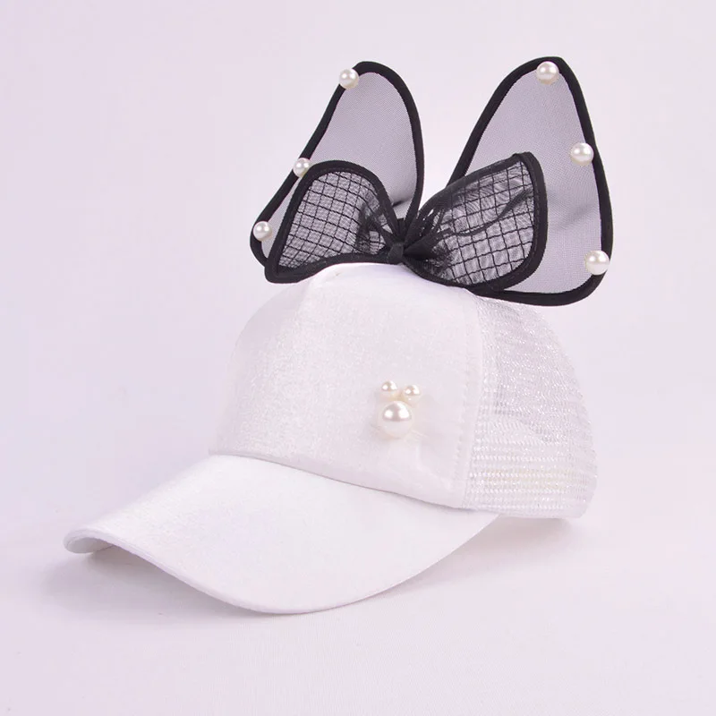 pearl white mesh Детская бейсбольная кепка с заячьими ушками, бейсболка для девочек, солнцезащитная Кепка в стиле хип-хоп с искусственным жемчугом и большим бантом, Детская весенне-летняя солнцезащитная Кепка - Цвет: pearl white mesh