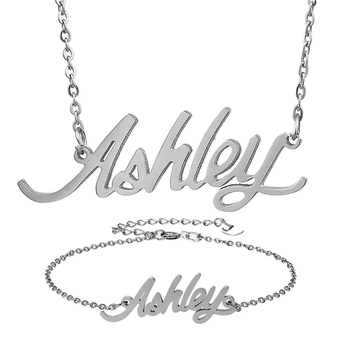 Модные Нержавеющая сталь имя Цепочки и ожерелья + Браслет &quotAshley&quot сценарий