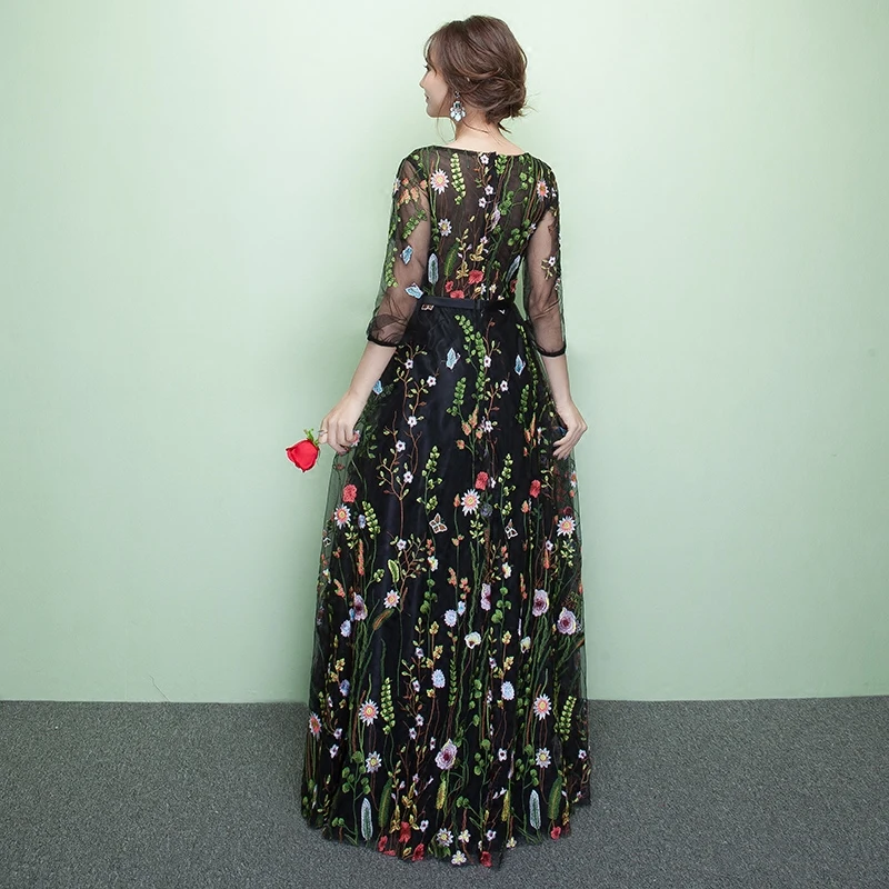 Черное цветочное кружево с принтом платье Чонсам женское атласное Qipao Макси элегантные вечерние платья Изысканный удлиненный полурукав Vestidos
