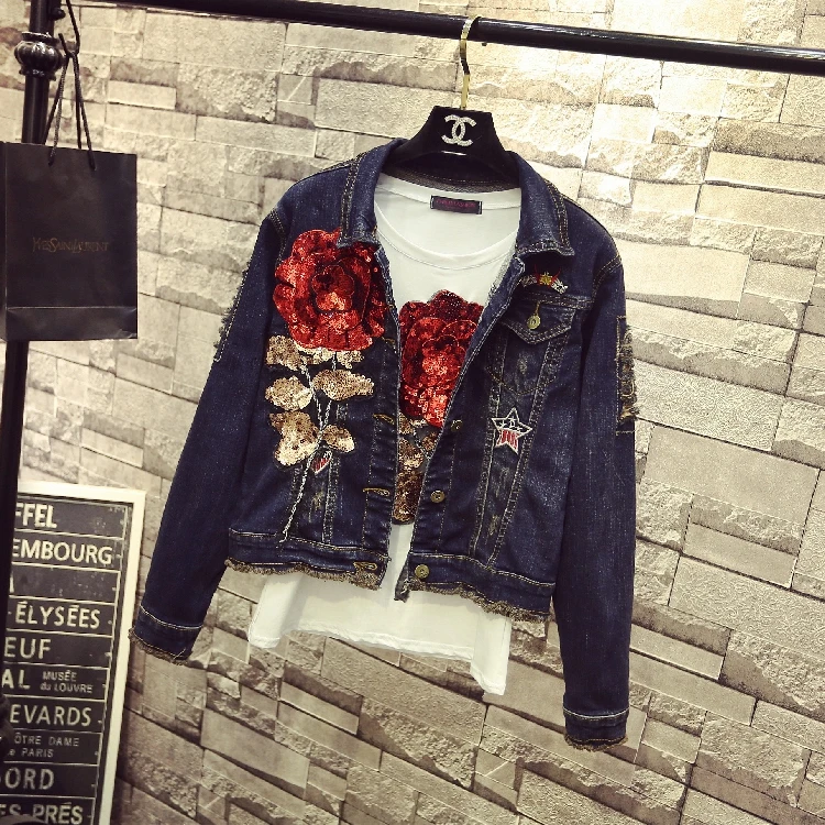 Женская джинсовая куртка с бусинами весна лето 2018 ковбойские облегающие куртки