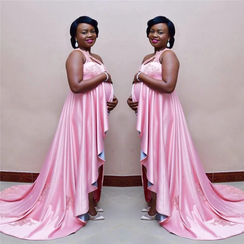 

Glitter Pink Appliques Lace Pregnant Prom Dresses For Woman Long One Shoulder African Evening Maternity Dress Vestido de Festa