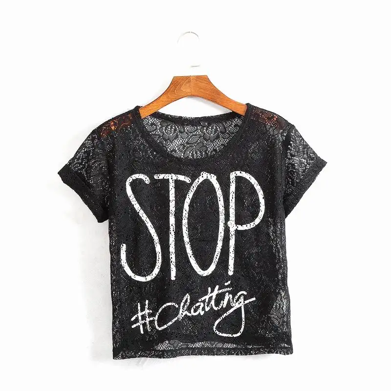 Кружевная Женская мода Джокер вырез лодочкой короткий рукав с буквенным принтом