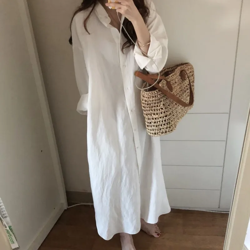 Женское длинное Хлопковое платье рубашка повседневное свободное с отложным