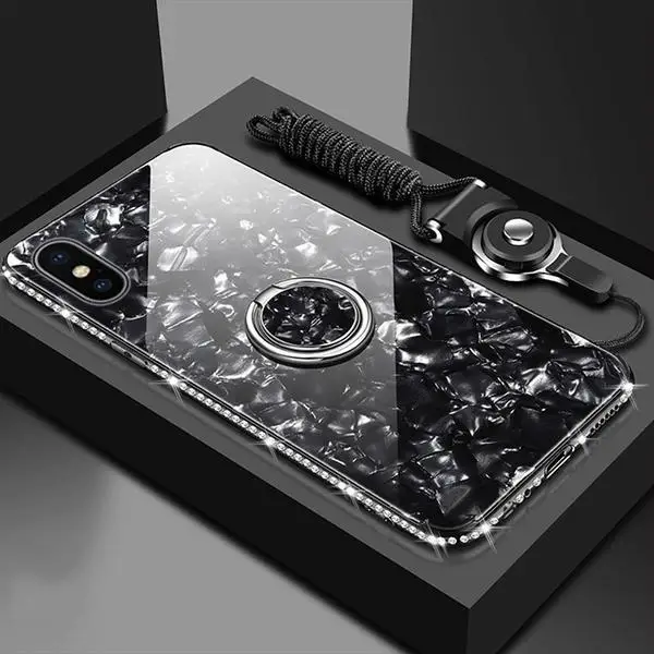 Черный Чехол для iphone X XR XS 11 pro Max с кольцом на палец, чехол для iphone 11, 8, 7, 6, 6s Plus, блестящая раковина, закаленное покрытие для телефона - Цвет: Черный