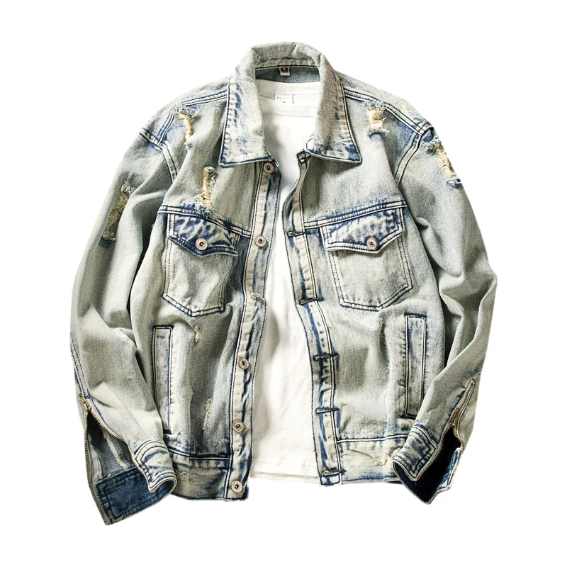 

Мужская джинсовая куртка, светло-голубая хлопковая куртка из денима с дырками, верхняя одежда, размеры до 5XL, на осень