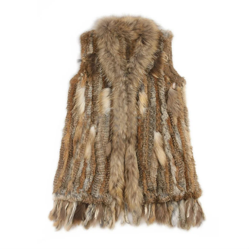 Lady Knitted Rabbit Fur Vest Waistcoat Raccoon Collar with Tassels Women Gilet Outerwear LF5022