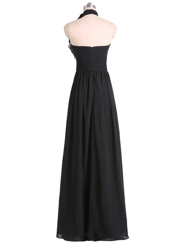 Шифон Подружкам невесты длинные 2017 черный с высокой горловиной открытыми