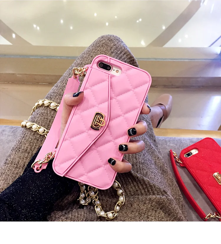 KASONPAI роскошный модный Мягкий силиконовый чехол-кошелек для iPhone X, 8, 7, 6 S, 6 Plus, слот для карт, сумочка, кошелек, чехол для телефона с длинной цепочкой