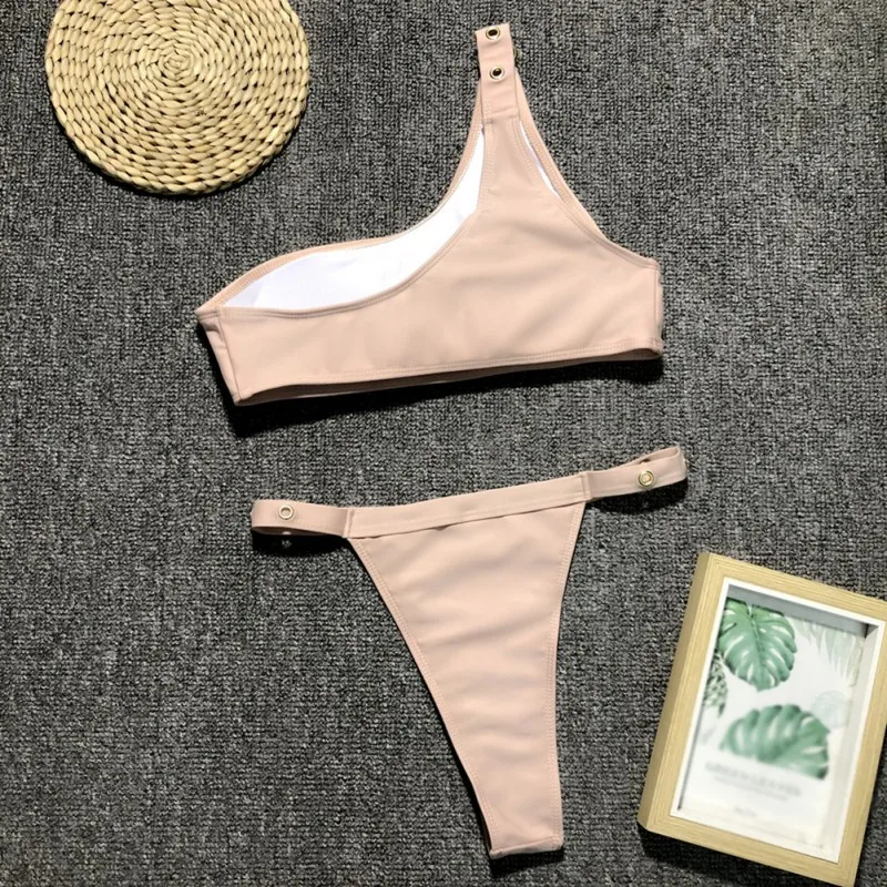 Женские купальные костюмы бикини на одно плечо с завязками высокая талия пуш ап