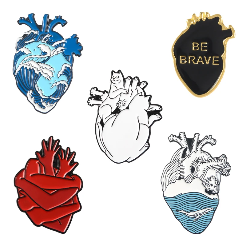 Художественная эмалированная брошь с изображением органов сердца синей волны