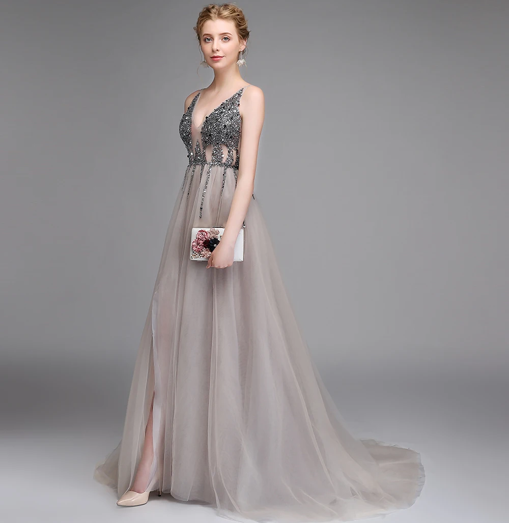 SSYFashion, новинка, роскошное вечернее платье, сексуальное, v-образный вырез, открытая спина, бисер, высокий разрез, тюль, длинное, для выпускного вечера, на заказ, вечерние, официальные платья