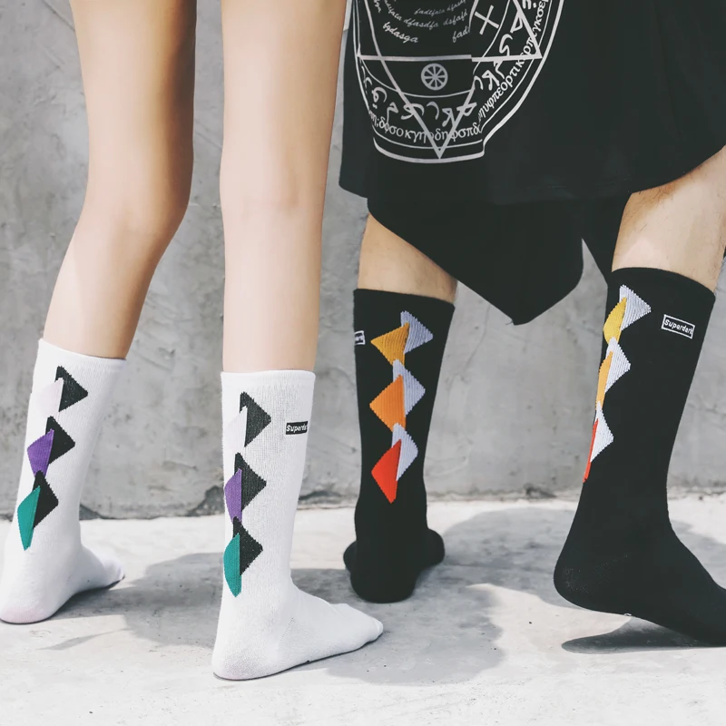 Magic Triangle Stitching Pattern Hipster Exclusive Skateboard Men Sock Street Cool style Colored heel Cotton tube Couple Sox | Мужская