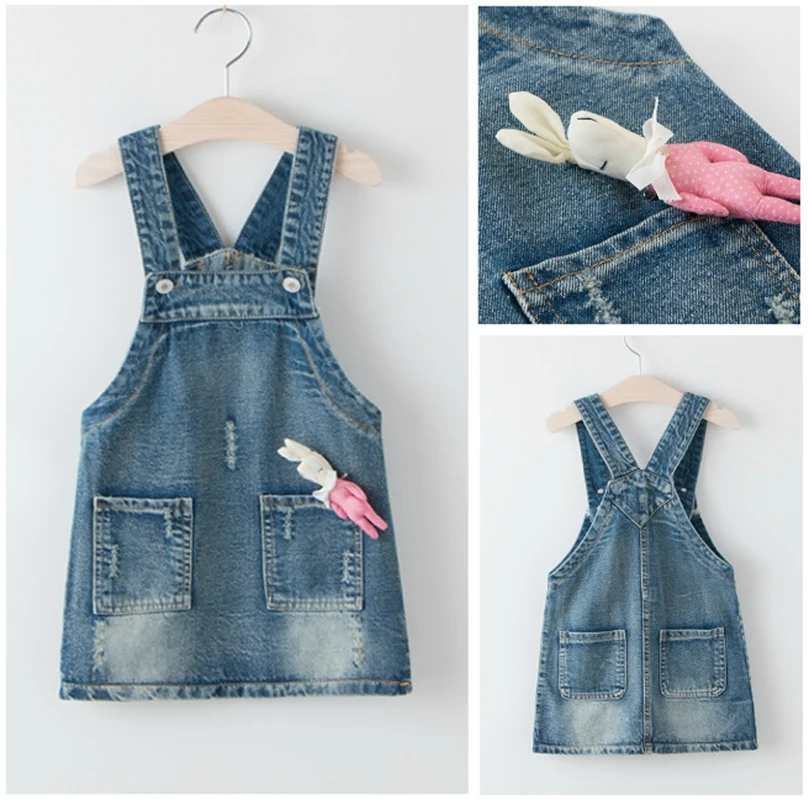 Autumn children's baby denim strap dress girls wear solid color dresses to send rabbit | Детская одежда и обувь