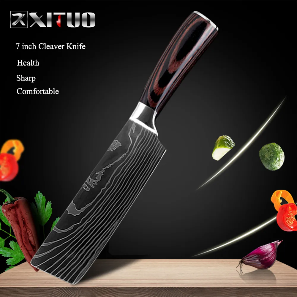 7 in Cleaver knife XITUO 8 дюймов японские кухонные ножи лазерный дамасский узор нож шеф-повара острый Santoku Кливер нож для нарезки нож инструмент EDC - Цвет: 7 in Cleaver knife