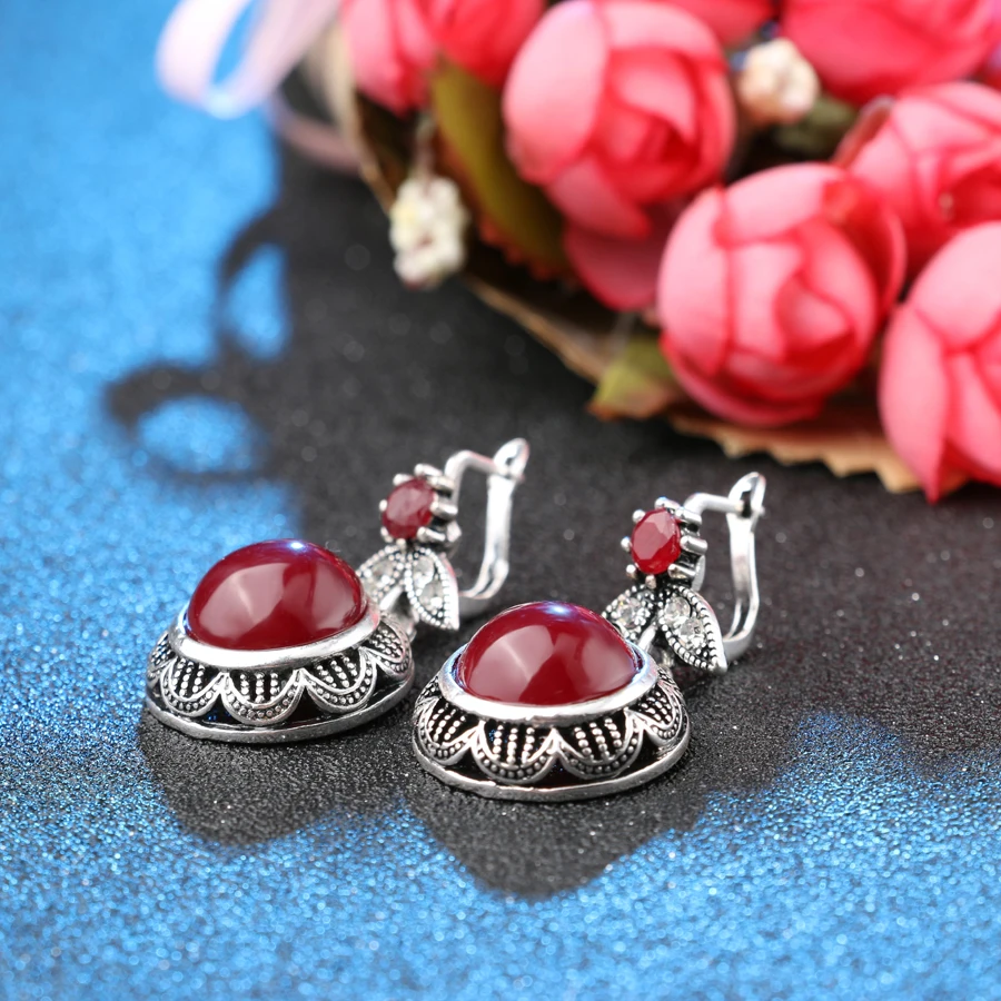 Женский ювелирный комплект из колье и серёг с красным опалом|stone jewelry sets|set necklacewomen