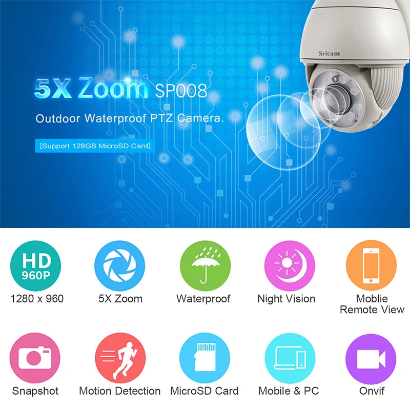 Sricam SP008 IP камера H.264 наружная Wifi для безопасности дома CCTV охранной сигнализации