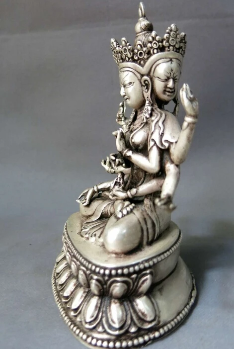 Китай серебряный буддизм фэн шуй Лаки 3 головы 8 рука Будды скульптура статуя (C0318)