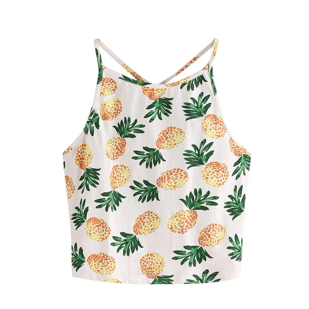 Топ женский летний короткий с принтом ананасов и лямкой на шее|tank top summer|top summerhalter |