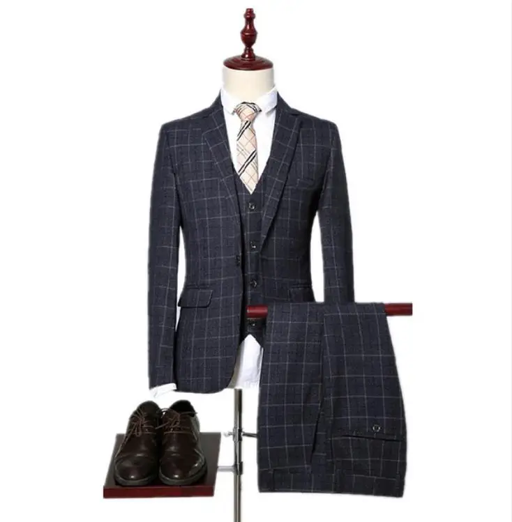 Комплект из 3 предметов высокое качество One Button плед Slim Fit Мужские свадебные смокинги Для мужчин костюмы куртка+ брюки+ жилет Блейзер костюм Homme