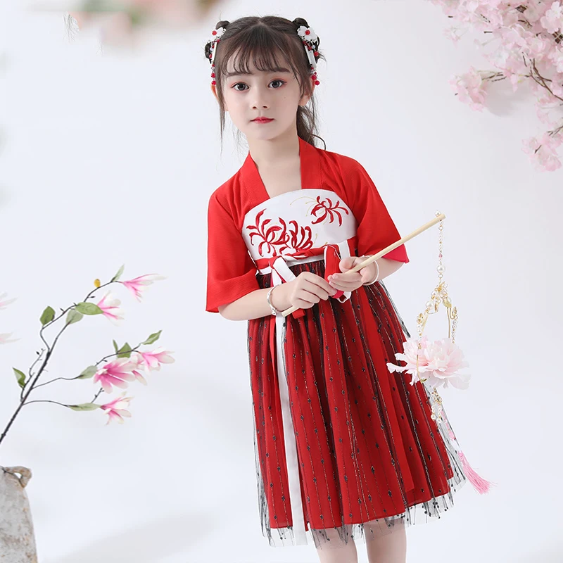 Hanfu/костюм для девочек летняя одежда с короткими рукавами в китайском стиле традиционное платье в китайском стиле детская Одежда для танцев в народном стиле DQL897