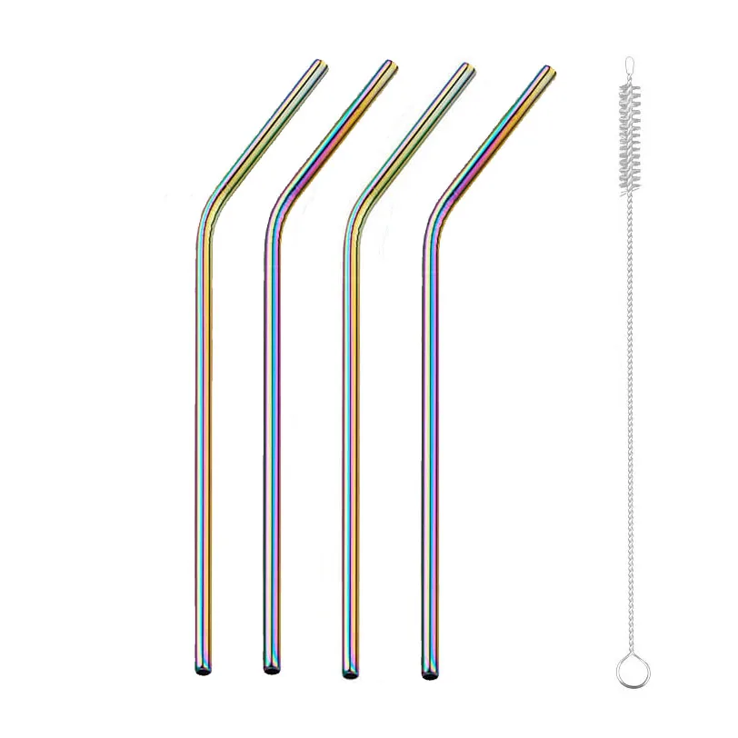 Rainbow D b4 4PCS Reusable 304 Stainless Steel Drinking Straw Bar Party Metal Straw with Cleaner Brush For Mugs Sturdy Bent Straight Straws - Цвет: Rainbow D b4 4PCS