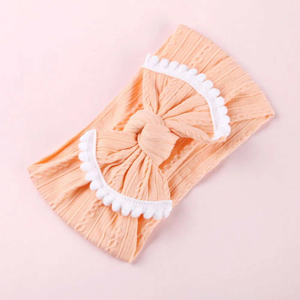 Peach Вязаный бант из нейлона, ободки с помпоном, широкие нейлоновые повязки на голову, подарок для девочек, аксессуары для волос - Цвет: Peach