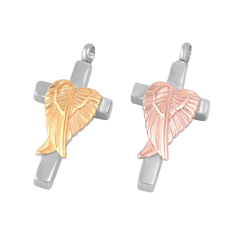 

IJD9734 Steel and Gold Angel Wing&Cross Lover's Memorial Necklace - Cremation Ashes Urn Pendant with Personalized Engraving