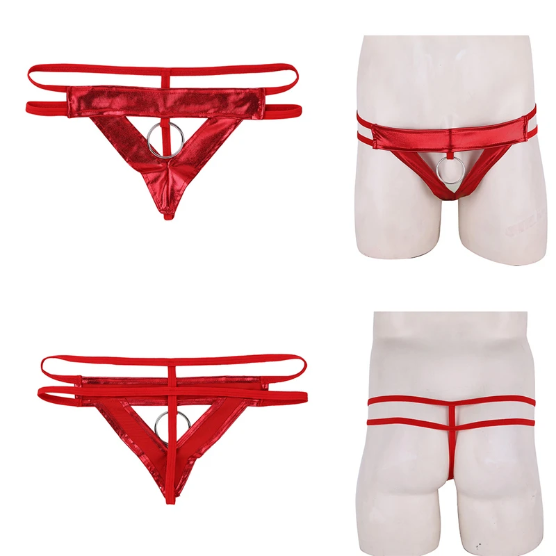 Сексуальное мужское нижнее белье из лаковой кожи стринги бикини с металлическим