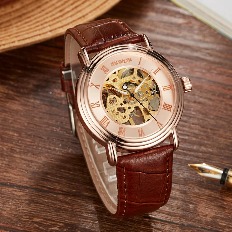 SEWOR Mechanical Hand Wind Watch for Men Leather Skeleton Male Watches Luxury Classic Mens With Box SWQ53 | Наручные часы