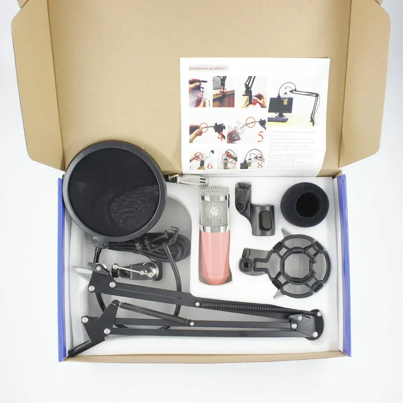 Pink BM800 конденсаторный микрофон Cardioid Pro аудио студия вокальный Запись микрофон+ Поп фильтр+ NB35 подставка держатель - Цвет: Pink