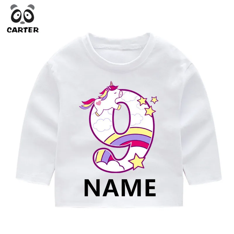 Детские футболки с длинными рукавами, с изображением единорога и цифрой 1-9, с бантом осенний топ с длинными рукавами для маленьких мальчиков и девочек, подарок на день рождения - Цвет: KT21-4