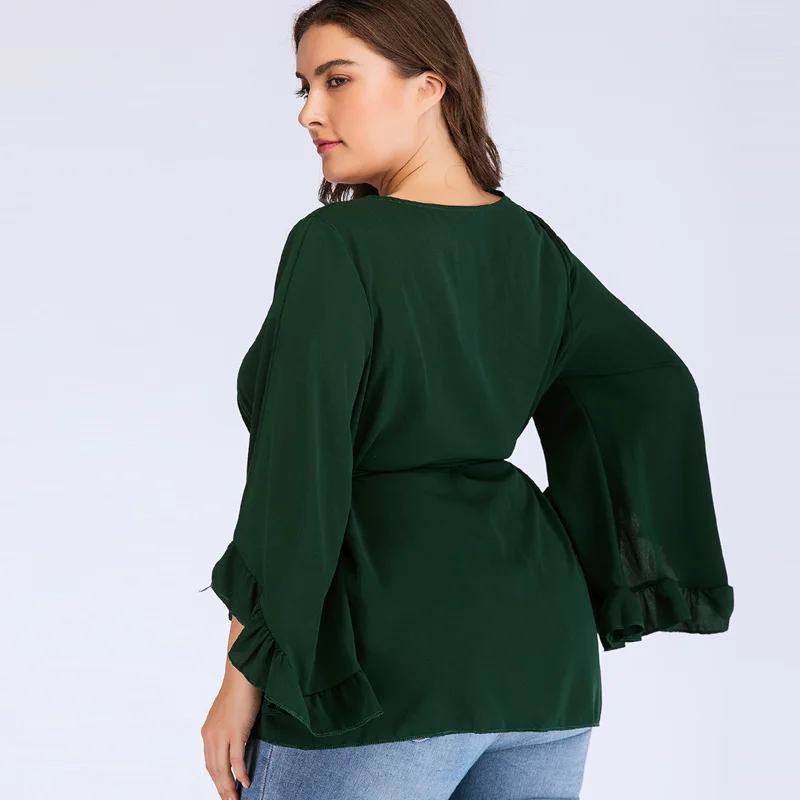 SheBlingBling, блузка размера плюс 4XL, женская, v-образный вырез, длинный рукав-клеш, бант, украшение, летняя блузка, Женские топы и блузки