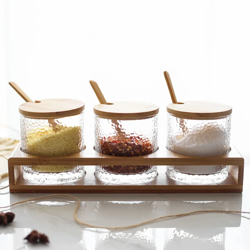 

Creative Transparent Glass Kitchen Spice Jar Three-piece Seasoning Storage Tank Seasoning bottles Dispensing Bottle Box Salt