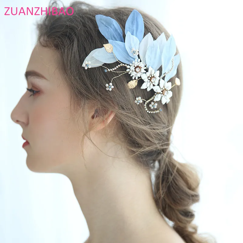 Новинка Изысканный Синий Цвет Цветы Листья Свадебные аксессуары для волос