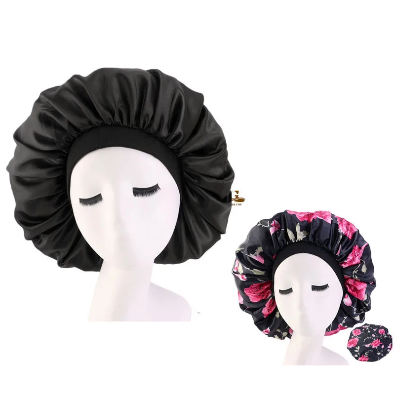 

2pcs/lot Women Big Size Beauty print Satin Silk Bonnet Sleep Night Cap Head Cover Bonnet Hat for For Curly Springy Hair Black