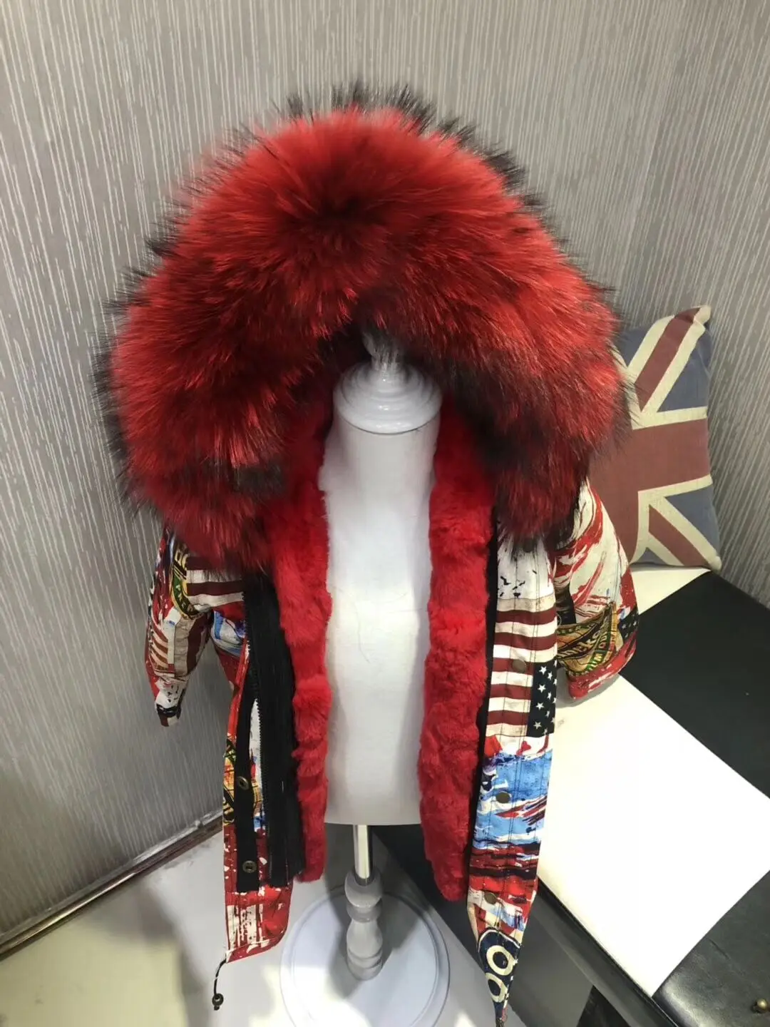Red top red fur Детские зимние куртки с принтом, пальто из натурального меха кролика рекс для девочек, теплое пальто с большим меховым воротником, Детское пальто с отстегивающимся мехом, верхняя одежда для малышей - Цвет: Red top red fur
